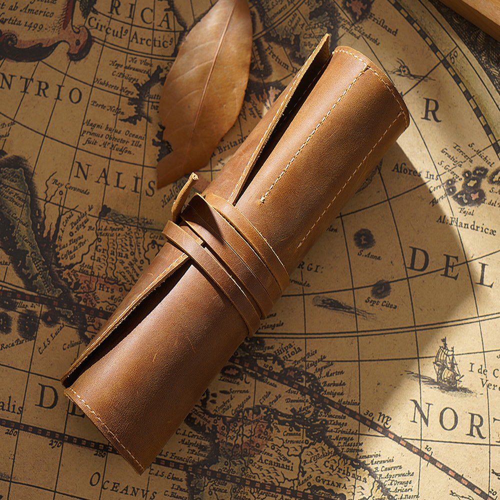Roll-Up Leather Wrap Pen Pouch with 5 Slots