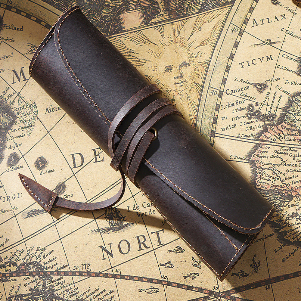 Roll-Up Leather Wrap Pen Pouch with 5 Slots