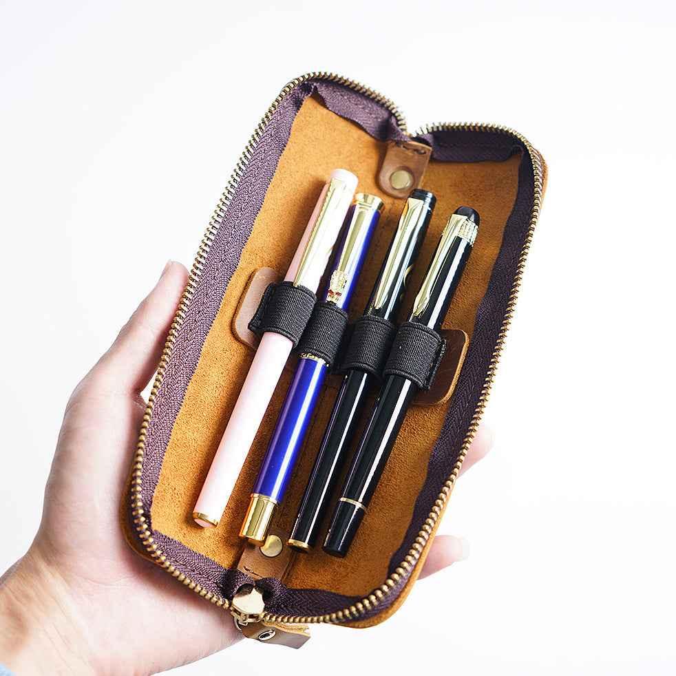 Divided Slots Zippered Leather Fountain Pen Case Pouch