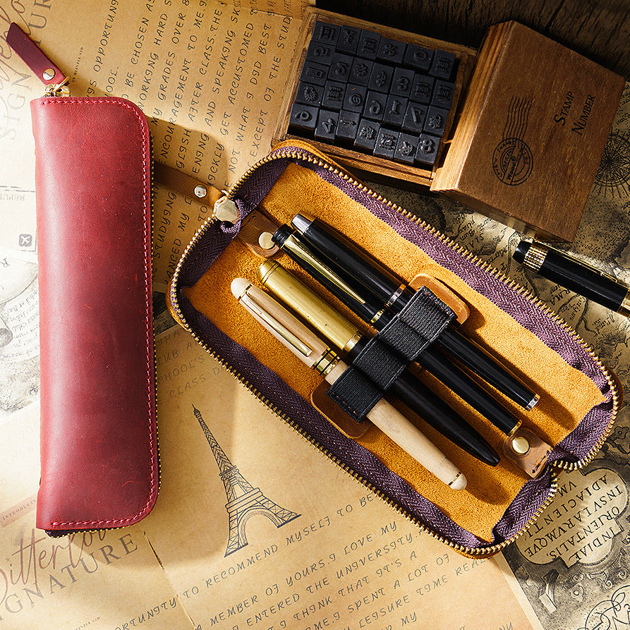 4 Divided Slots Zippered Leather Fountain Pen Case Pouch