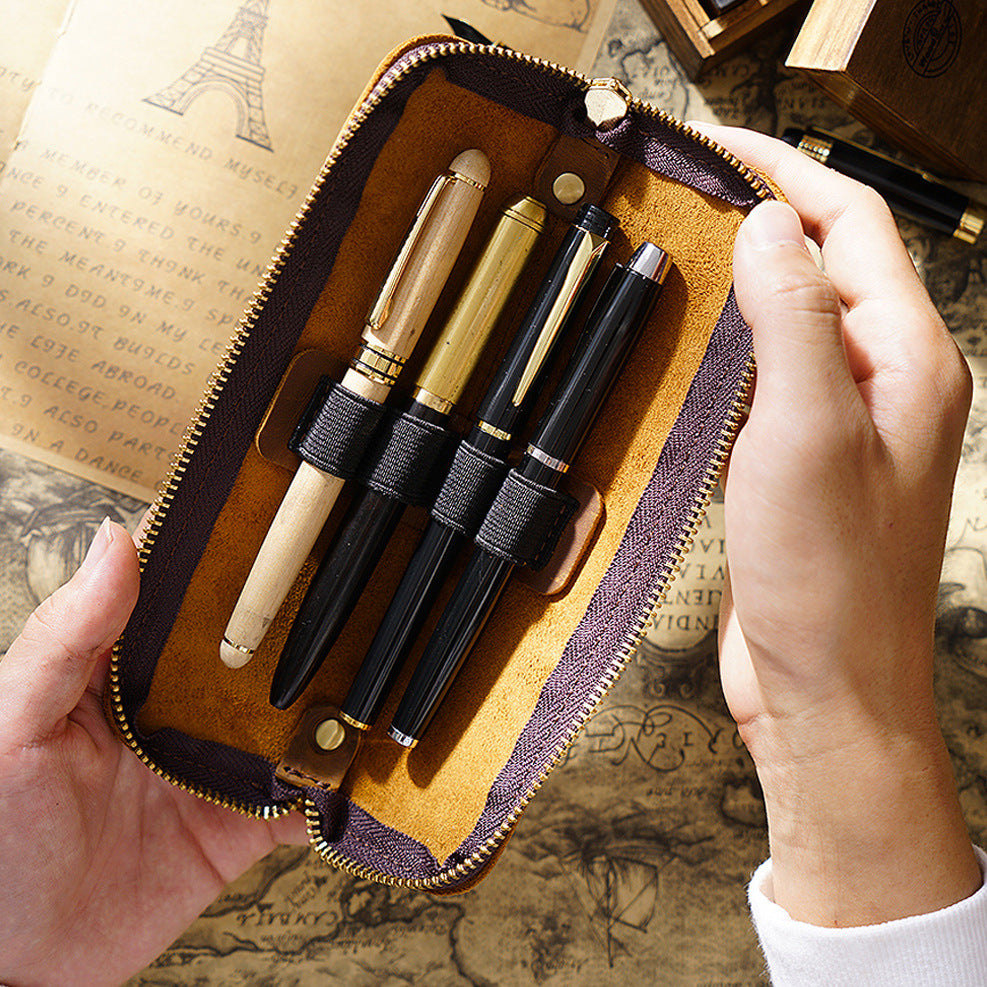 4 Divided Slots Zippered Leather Fountain Pen Case Pouch
