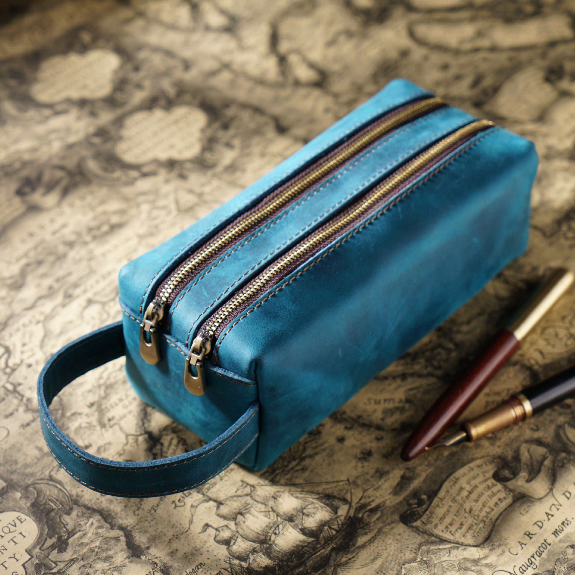 Vintage Leather Pen Pouch Big Capacity Pencil Case with 2 Compartment