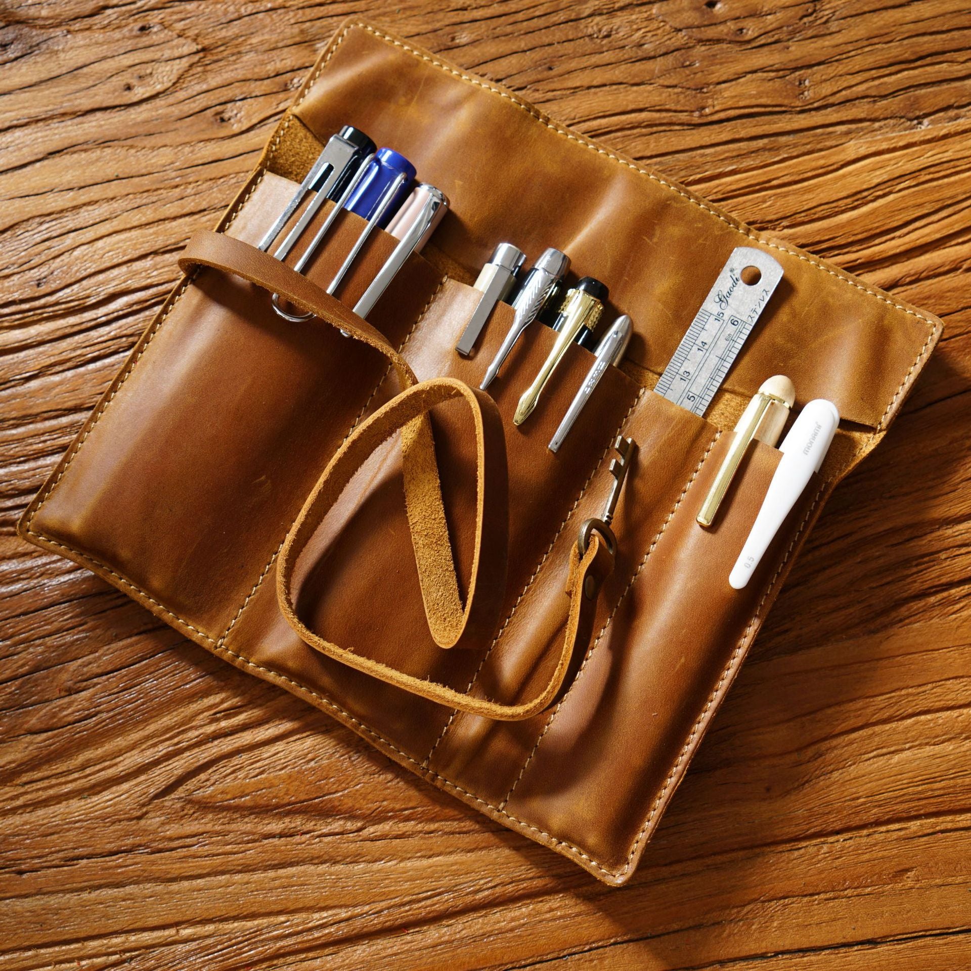 Roll-Up Leather Wrap Pen Pouch with 4 Slots