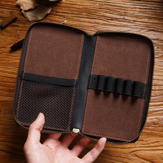 Leather Zippered Pen Organizer Case with 5 Slots and Net Holder