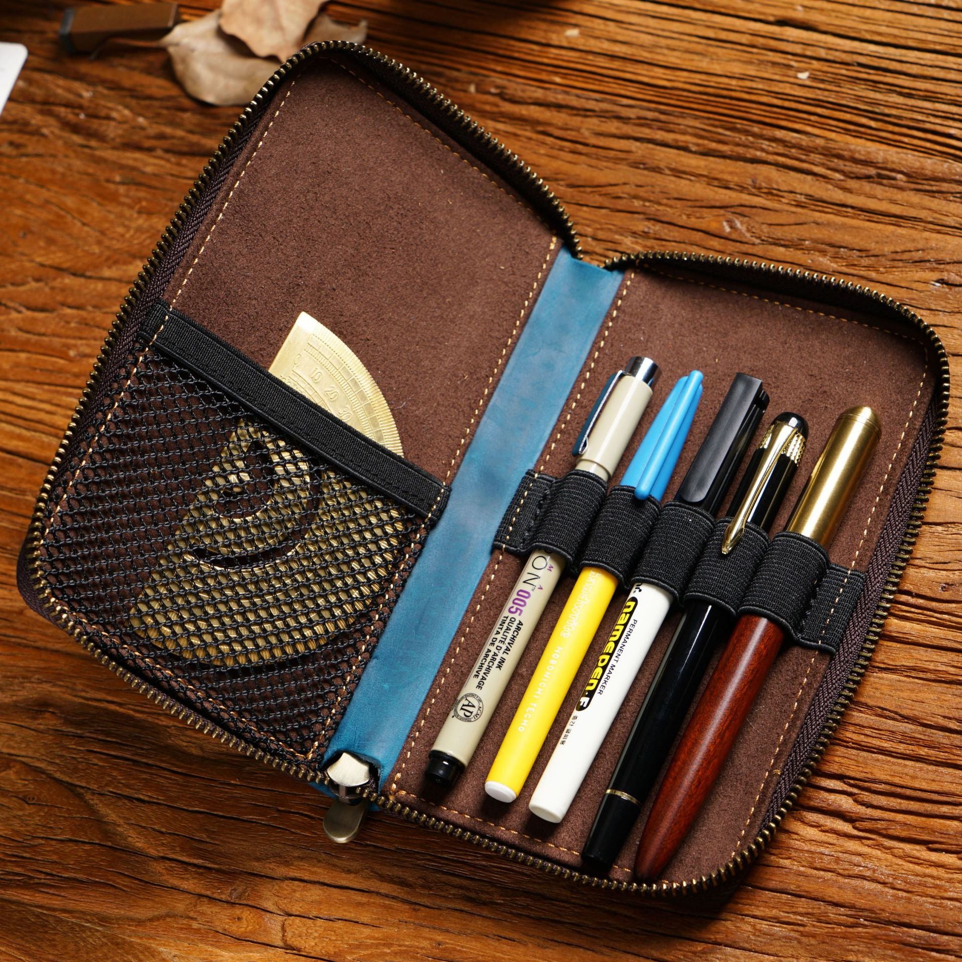 Leather Zippered Pen Organizer Case with 5 Slots and Net Holder - TTpen