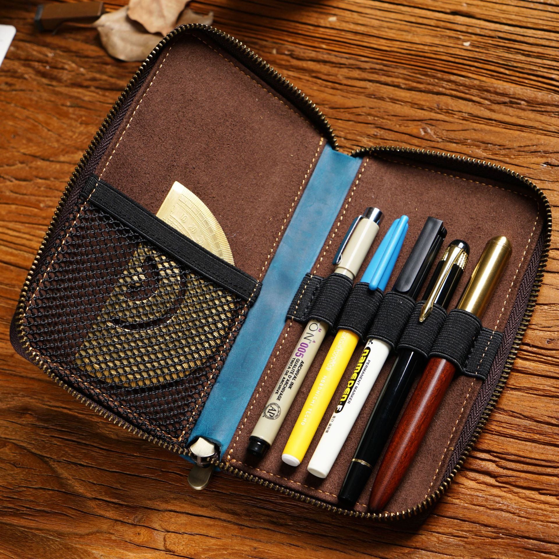 Leather Zippered Pen Organizer Case with 5 Slots and Net Holder