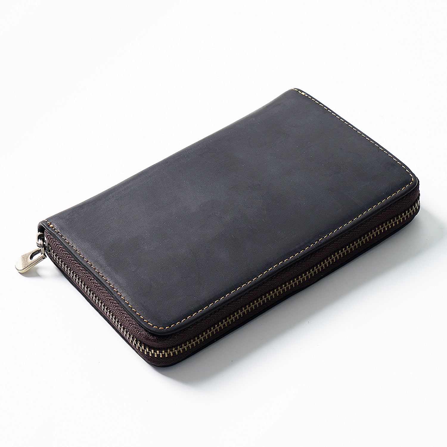 Leather Zippered Pen Organizer Case with 5 Slots and Net Holder