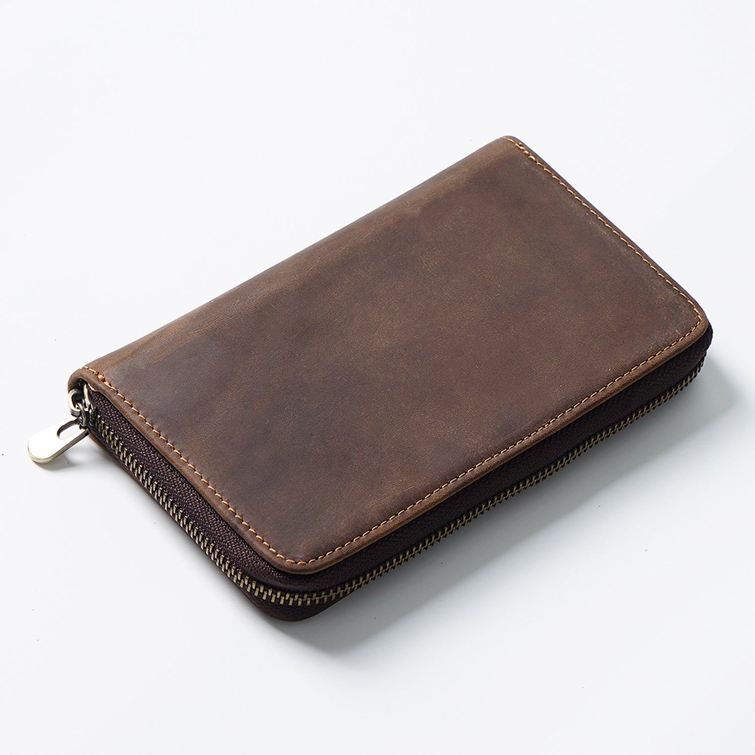 Leather Zippered Pen Organizer Case with 5 Slots and Net Holder