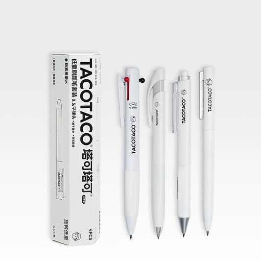 TACOTACO Low Centre of Gravity Gel Pen Set – 4-Pen Collection | Quick-Dry Ink 0.5mm | 3-Colour Pen + Dual-Bead Click + Silent Click + Twist Advance | Student Exam Writing Set