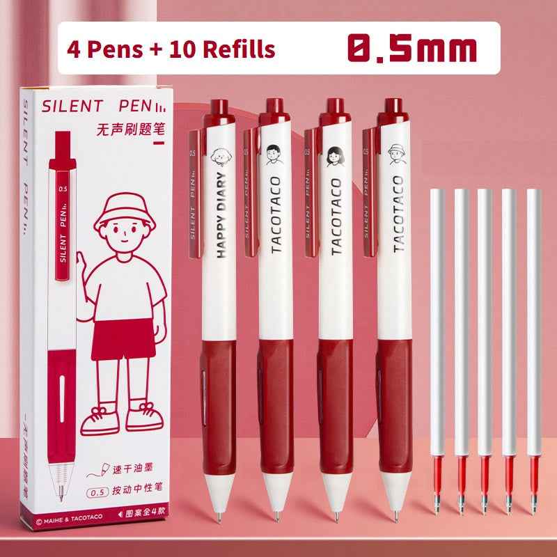 TACOTACO Silent Click Gel Pens 4 Pack with 10 Refills Red Ink