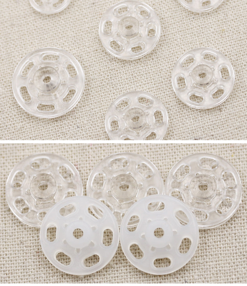 Clear invisible snap buttons, round plastic discs with locking center