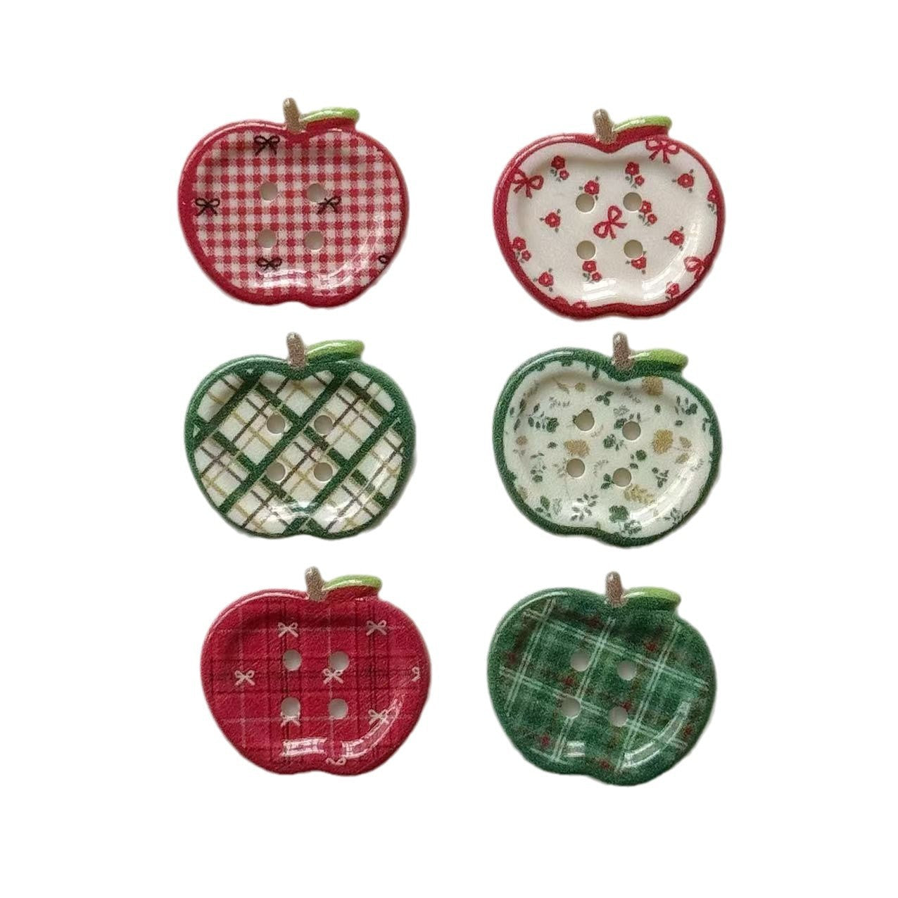 Red & green apple printed resin buttons, 4-hole, assorted designs (60-pack)