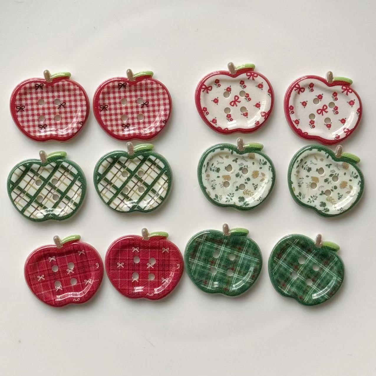 Set of red and green apple resin buttons with 4 holes, gingham and floral prints