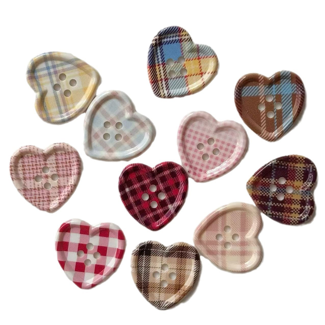 25mm tartan heart craft buttons, four-hole, assorted colors