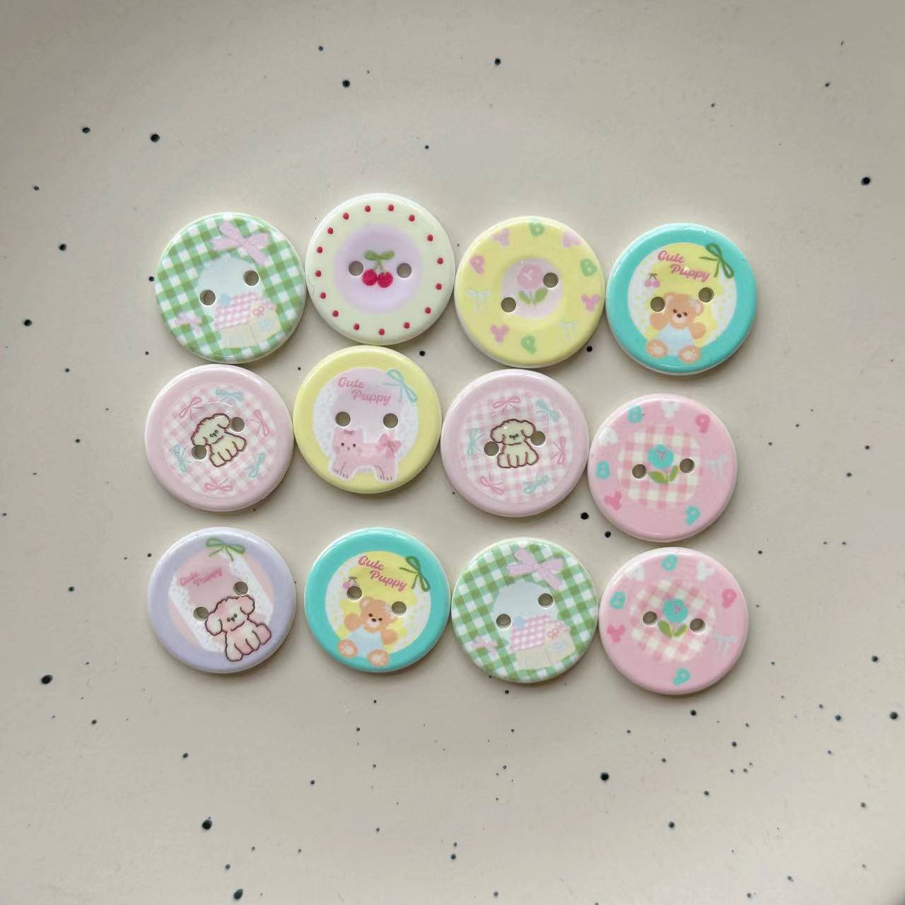 25mm 2-hole resin buttons set, cartoon cherry cat and dog designs, mixed colors