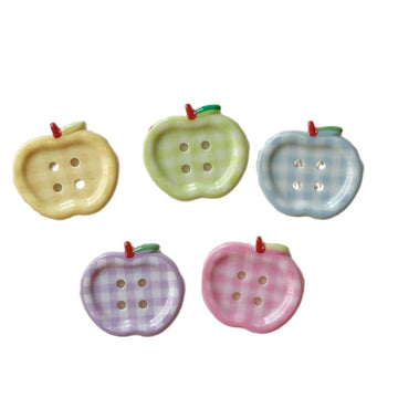 Printed plaid apple resin buttons, 4-hole design—assorted cream, green, blue, purple, pink