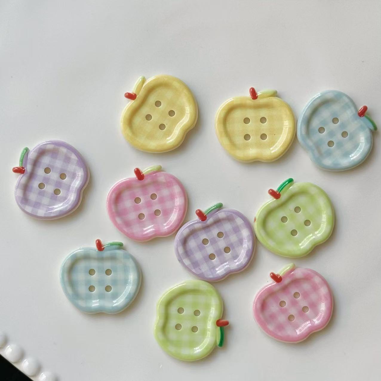 Mixed plaid apple resin buttons with 4 holes, glossy—light green, blue, yellow, pink, purple