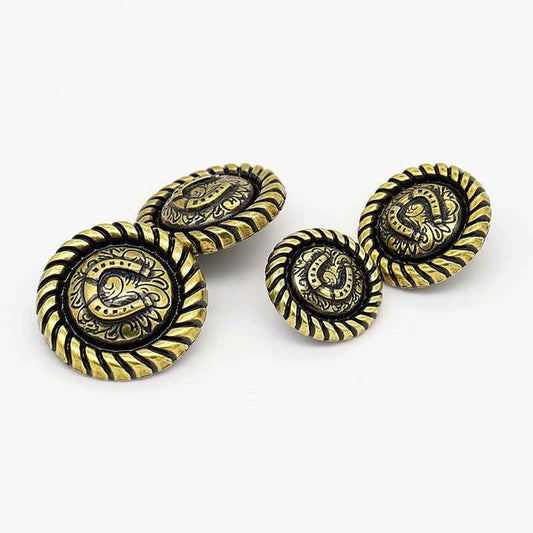 Set of antique gold horseshoe relief metal shank buttons, round with ridged edge