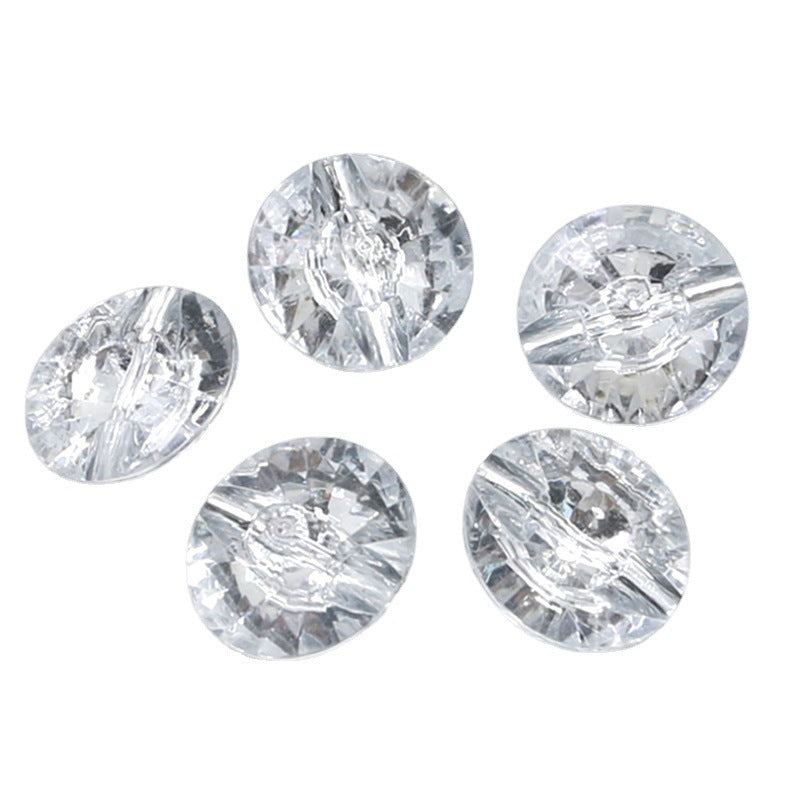 Round faceted acrylic buttons, clear-white sparkle finish, close-up set.
