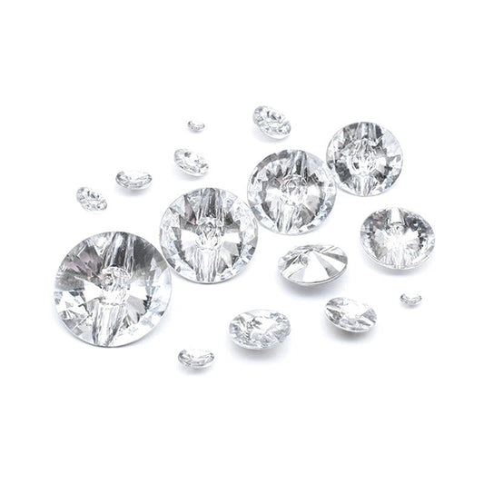 Round faceted acrylic buttons, clear-white, assorted 150-pack.