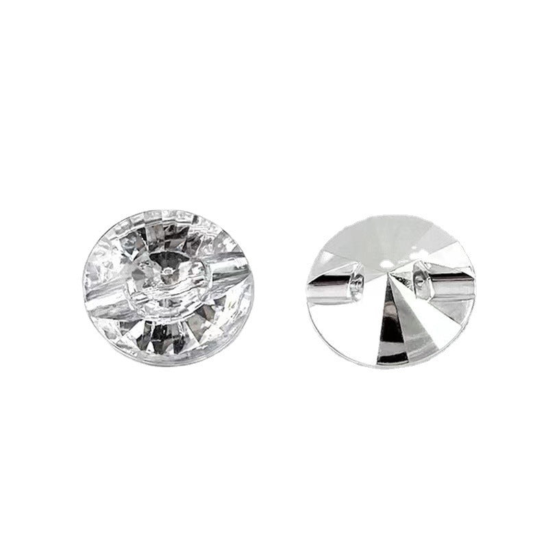 Round acrylic button, faceted crystal finish; front and flat back shown.