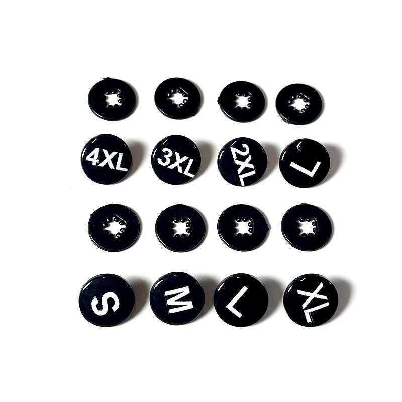 Runde Kunststoff-Snap-Buttons 2in1, schwarze Größenmarkierungen (S bis 4XL)