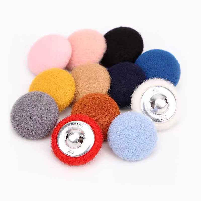Round fluffy fabric buttons with metal shank, red and blue tones plus other colors