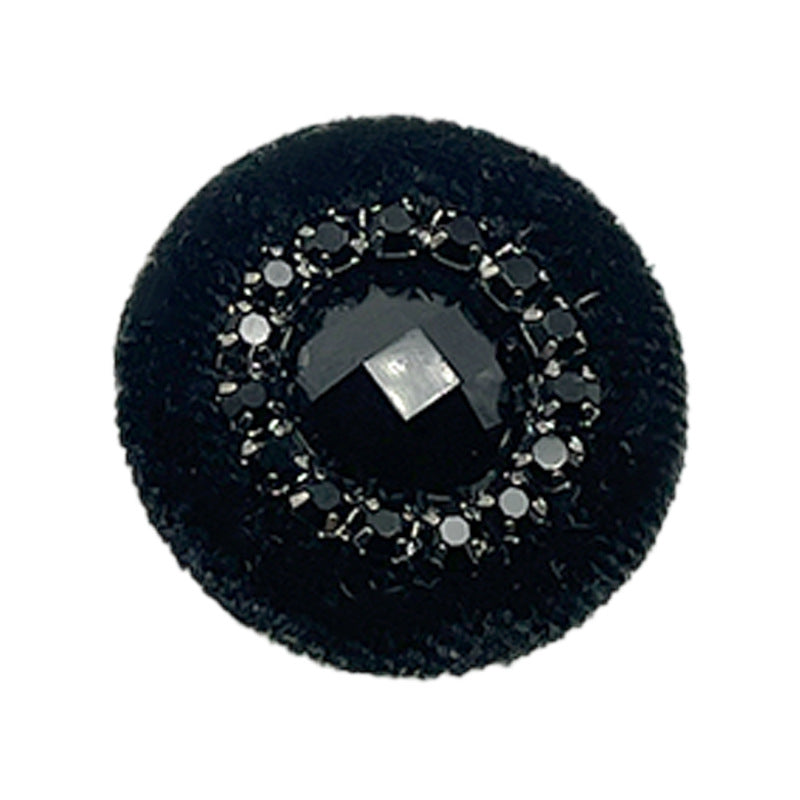 25mm black velvet button with silver-tone diamond ring and dark center gem