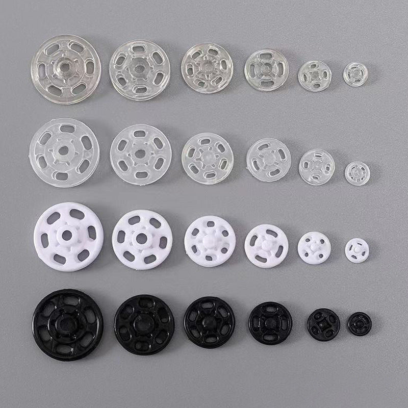 Round nylon snap buttons: black, white, clear fronts, assorted sizes (7–20 mm)