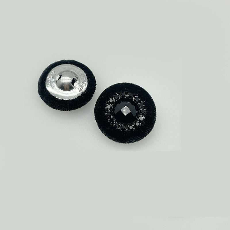 25mm black velvet button with rhinestone ring, dark square center, silver back