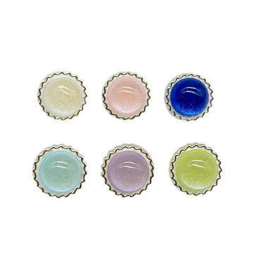 Glitter sunflower-style buttons, assorted colors, round scalloped edge backs, 6 shown