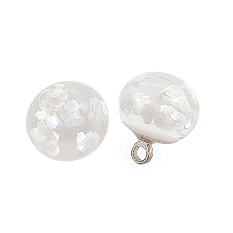White translucent round resin buttons with dried flower texture, loop-back detail