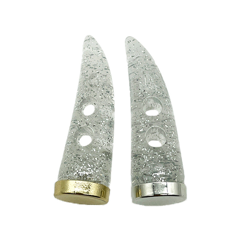 Horn-shaped resin toggle buttons, silver glitter, two holes, gold/silver metal caps