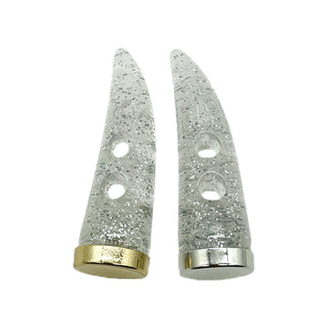 Horn-shaped resin toggle buttons, silver glitter, two holes, gold/silver metal caps
