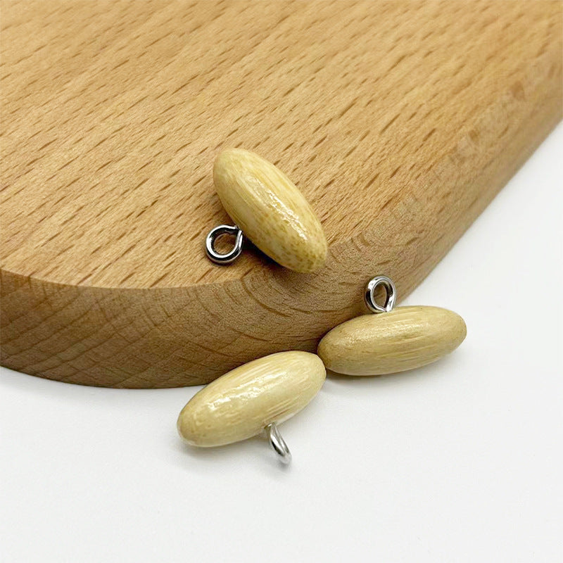 Olive-shaped bamboo buttons with metal loops, light olive color