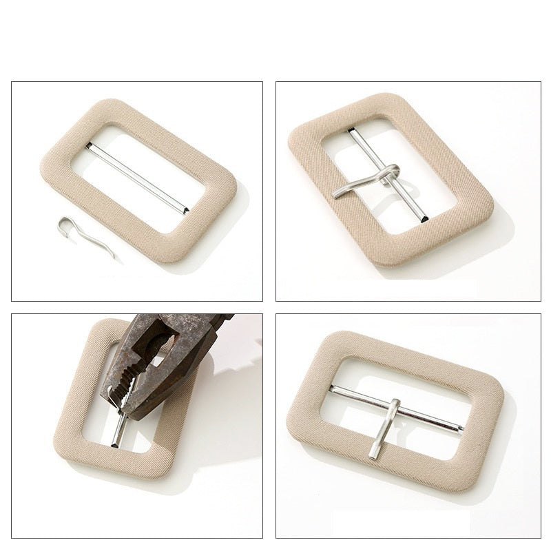 Beige fabric D-ring buckle with metal bar and pin-style fastener detail