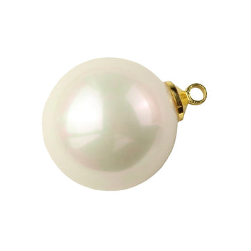 Round oblate white pearl button with gold-tone metal shank, close-up