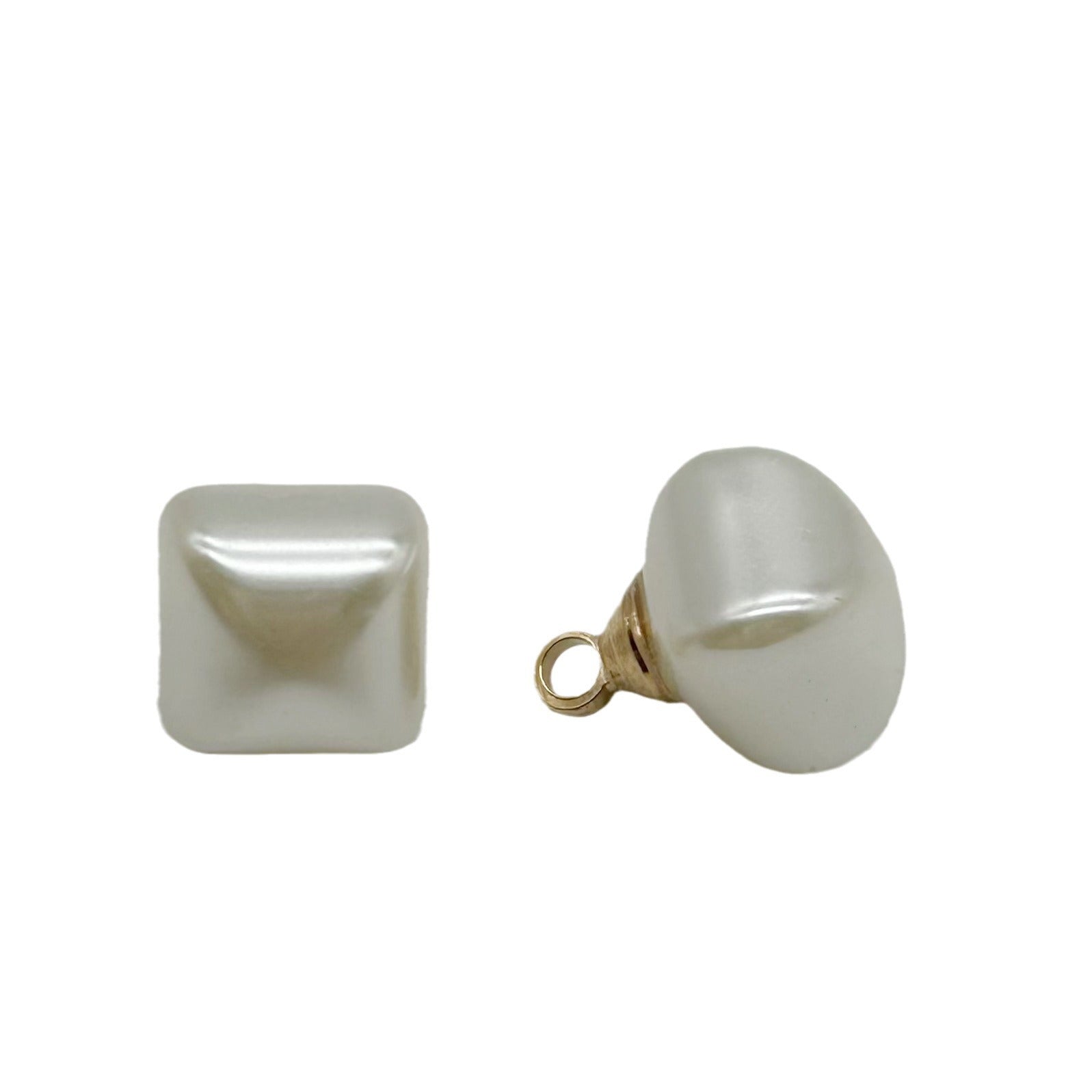 Square and round pearl buttons with metal loop backs, glossy white