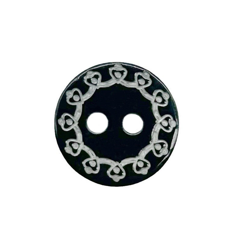 Schwarze 2-Loch-Knöpfe mit vintage Totem-Schnitzornamenten, rund, 11,5 mm