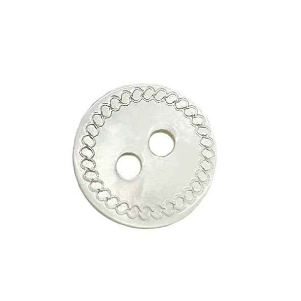 White mabe pearl shell button, round with 2 holes and scalloped edge