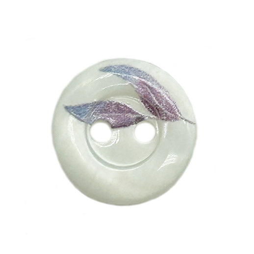 Round 2-hole shell button, white with blue-purple leaf and blue ring motif