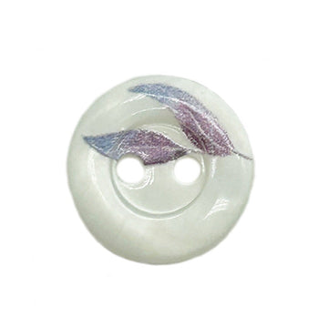 Round 2-hole shell button, white with blue-purple leaf and blue ring motif