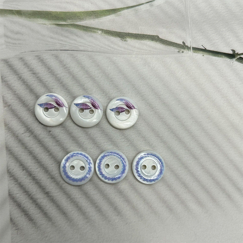 Set of 6 round 2-hole buttons: blue-purple leaf tops and blue ring borders