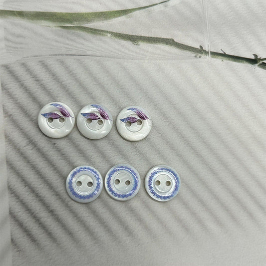 11.5mm Round 2-Hole Bevelled Shell Buttons Blue-Purple Leaves and Blue Ring Pattern 30pcs