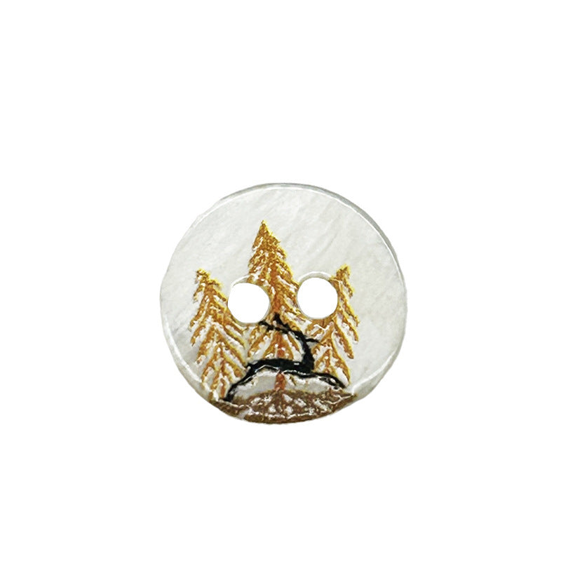 Two-hole shell button with deer among tall trees, gold and dark accents