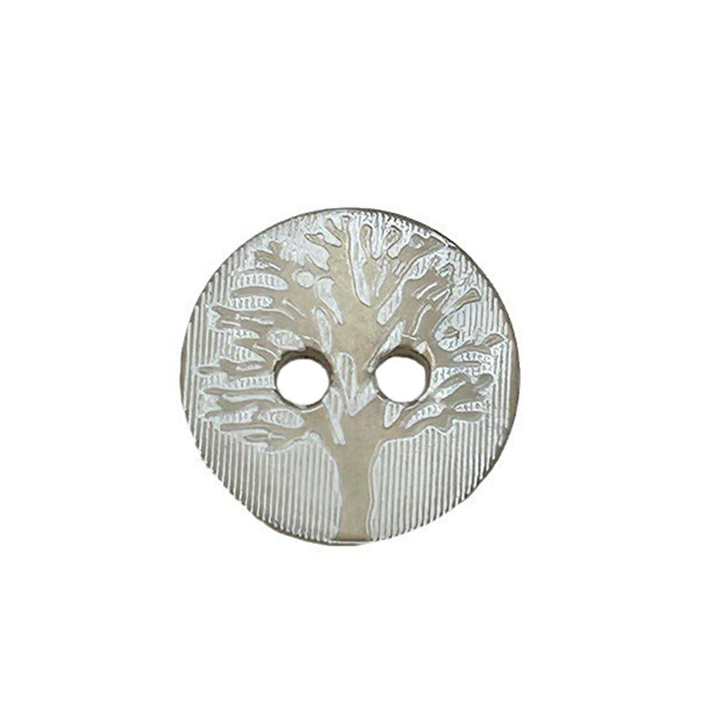 Runder Vintage-Baumknopf, 2 Löcher, Baumrinden-Prägung, silbergrau