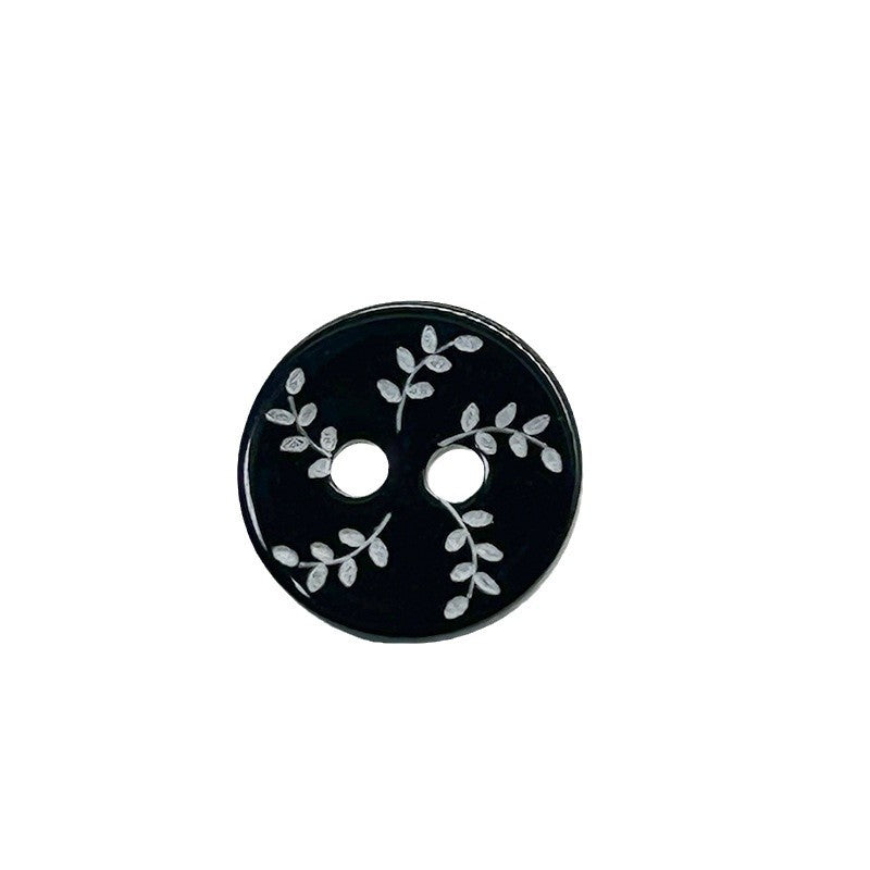 Black round 2-hole flat button with vintage willow leaf pattern, 11.5mm
