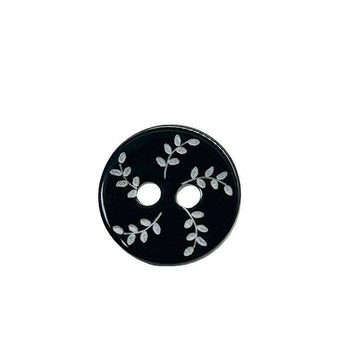 Black round 2-hole flat button with vintage willow leaf pattern, 11.5mm