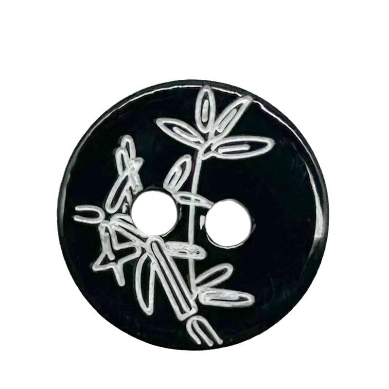 Round black 2-hole shirt buttons, bamboo-pattern front, 11.5mm (set of 40)