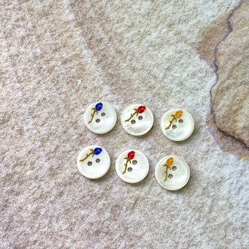 11.5mm 2-hole shell buttons, rose pattern in red yellow blue, set of 6